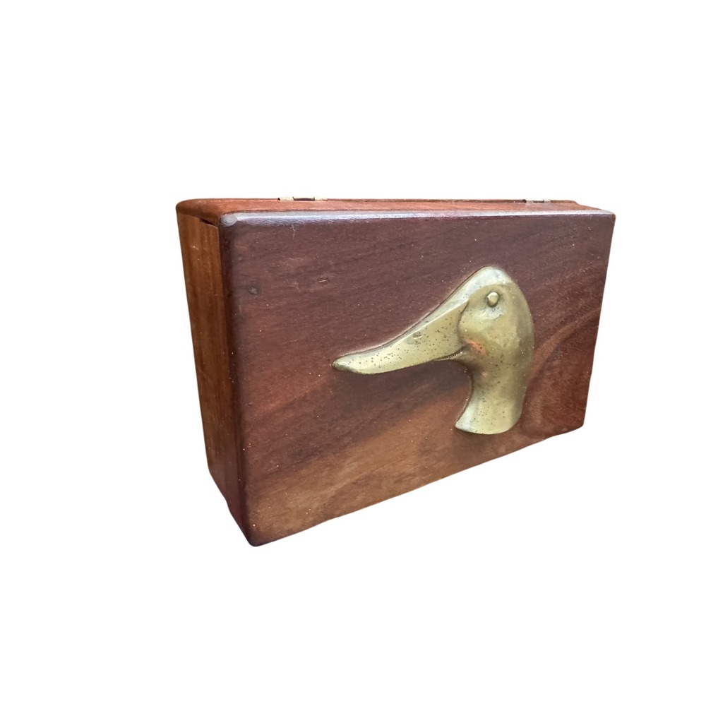 Vintage Wood Brass Duck Head Valet Box Made in India Rustic Cabin Decor 10x6x3"‎